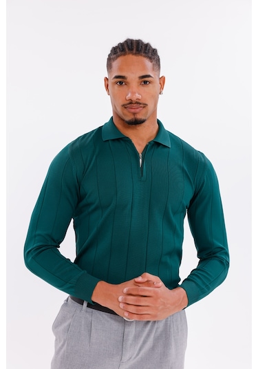 Monox Erkek Yarım Fermuarlı Polo Yaka Triko Kazak Zümrüt