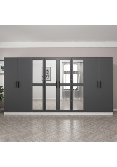 Minar Kale 8 Kapaklı 4 Aynalı 2 Çekmeceli Dolap Beyaz Antrasit 210cm Çok Renkli