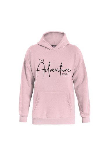 Unisex Adventure Baskılı Kapüşonlu İçi Yumuşak Polarlı Oversize Sweatshirt - Pembe Pembe