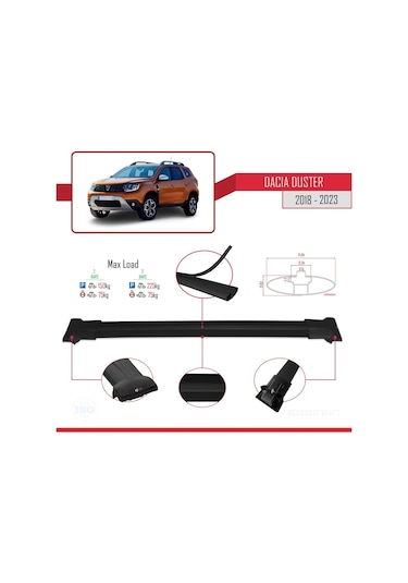 Dacia Duster 2018-2023 Arası İle Uyumlu Fly Model Ara Atkı Tavan Barı Siyah