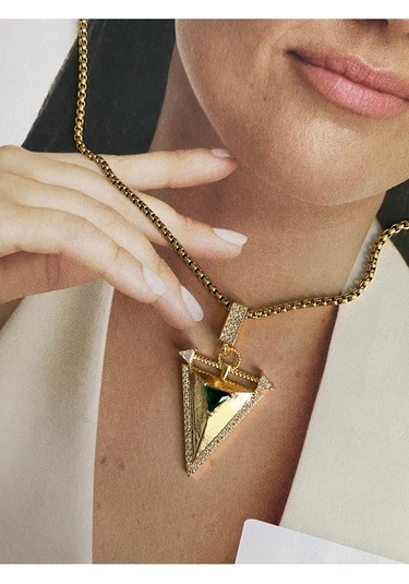 Vıp Seri - Zümrüt Taşlı Üçgen Kararmaz Çelik Kadın Gold Kolye Altın