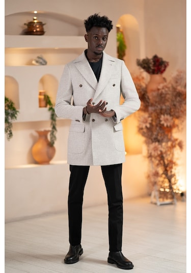 Paul Martin İtalyan Yaka Yünlü Kruvaze Kaşe Kaban Gri