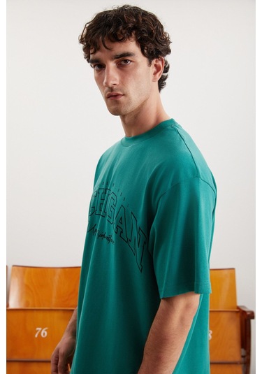 GRIMELANGE Norıs Erkek Regular Fit %100 Pamuk Baskılı Yeşil T-shirt Yeşil