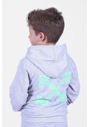 X Baskılı Kanguru Cepli Kapüşonlu Erkek Çocuk Gri Sweatshirt Gri