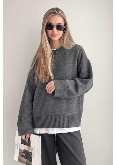 Antrasit Bisiklet Yaka Oversize Triko Kazak Mg1972 Antrasit