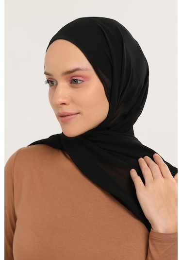 Hazır Pratik Lüks Geçmeli Lastikli Boneli Şifon Şal Siyah