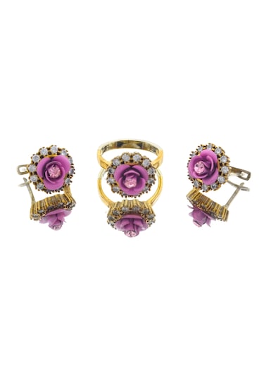 El İşçiliği Pembe Gül Detaylı Vintage Stil Gümüş Ve Bronz Yüzük Küpe Otantik Takı Seti Mod113 Gümüş