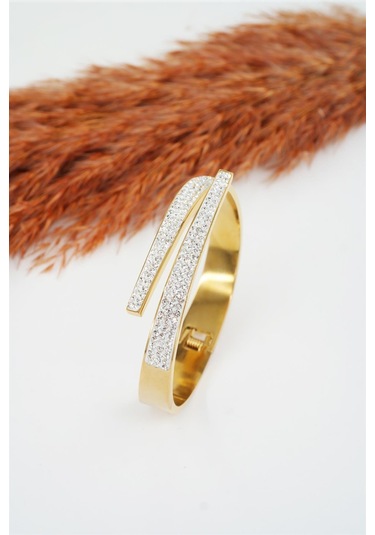 Kadın 316 L Paslanmaz Çelik Anti Alerjenik Zirkon Taşlı Bileklik -3503 Altın