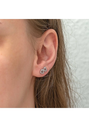 Gümüş İki Kalp Çivili Küpe