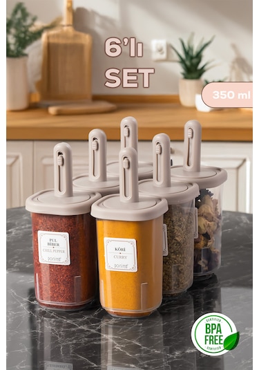 Porsima 4362 Kaydırmalı Kaşıklı Baharatlık Seti 6'lı Şeffaf 350 Ml- Cappucino Cappucino