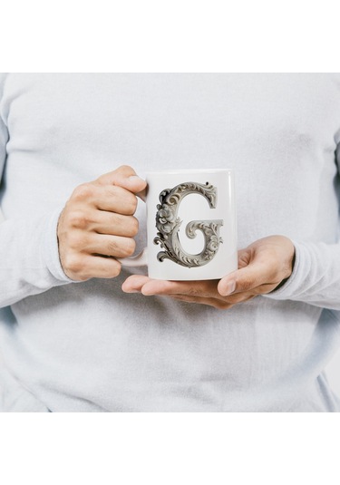 G Harfi Bardak, Monogram 330 Ml Barok Oymalı Görünüm Beyaz