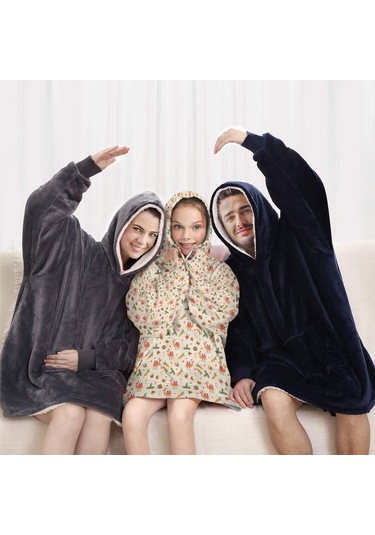 Noel Temalı 6-13 Yaş Çocuk Giyilebilir Battaniye Hoodie, Kalın Peluş, Büyük Boy-a135 Krem - Pembe