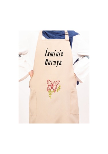 Mutfak Önlüğü Kişiye Ve İsme Özel Nakışlı Mutfak Önlüğü Kelebek01 Farklı Renkler Krem