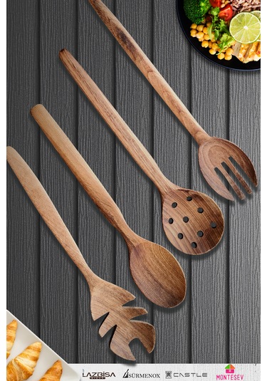Doğal Ceviz Ağacı Ahşap Tahta Kaşık Seti Ağaç Kaşık 4 Lü Set 11 Ahşap