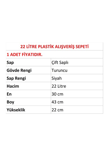 22 Litre Plastik Market Alışveriş El Sepeti Turuncu 1 Adet / En:30 Boy:43 Yükseklik:22 Cm Turuncu