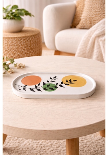 Modern Bohem Tarz Dekoratif Oval Tabak - El Yapımı Botanik Desenli Ev Dekoru 9,5 X 19 Cm