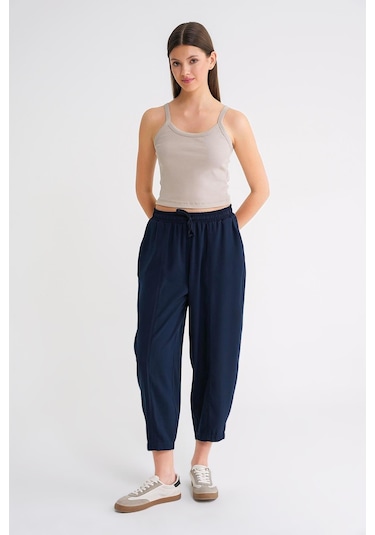 4307 Kadın Beli Lastikli Parçalı Şalvar Pantolon Lacivert Lacivert