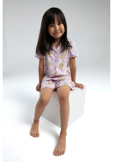 Toontoy Kız Çocuk Komple Baskılı Düğmeli Şortlu Pijama Takım Pembe
