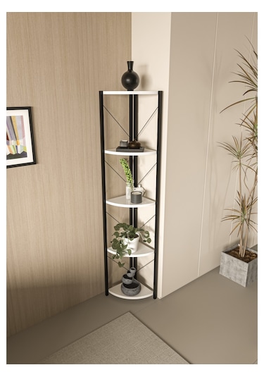 Alpa Ev Mobilya Üçgen Köşe Raf, 5 Raflı Metal Gövdeli Dekoratif Kitaplık, Çok Amaçlı Ünitesi Beyaz