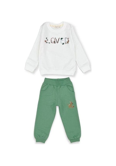 Kız Çocuk Loved Nakışlı Pamuklu Eşofman Takım-14382 Ekru