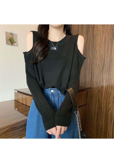 Siyah Tasarım Duygusu Sonbahar Kış Kazak Kazak Triko Kadın Kapalı Omuz Astar Dışında Giyin İnce Tasarım Üst Siyah