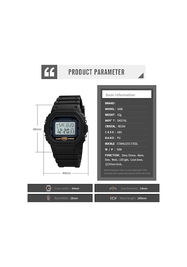 Tenfowee Skmeı Erkek Spor Saati 50m Su Geçirmez, Alarm, Kronometre, Geri Sayım Ve Gece Işığı Özellikli Siyah Dijital Saat