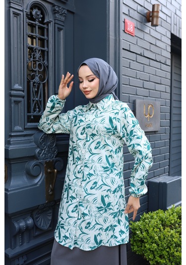Kadın Yeşil Çiçek Desenli Pamuk Dokuma Kumaş Tunik Gömlek Etekli Takım Tk1417 Yeşil