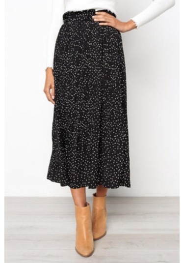 Kadın Yarım Vücut Etek Moda Puantiyeli Cepli Pileli Rüzgar Eteği Uzun Etek Siyah