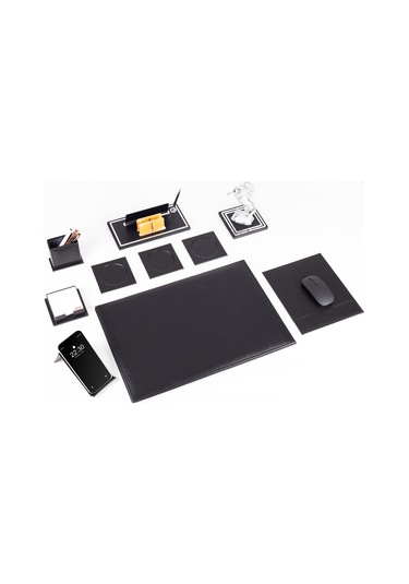 Opta 10 Parça Şahlanan At Biblolu Siyah Deri Sümen Seti Takımı Gümüş Ofis Masa İsimliği Lüks İsimlik