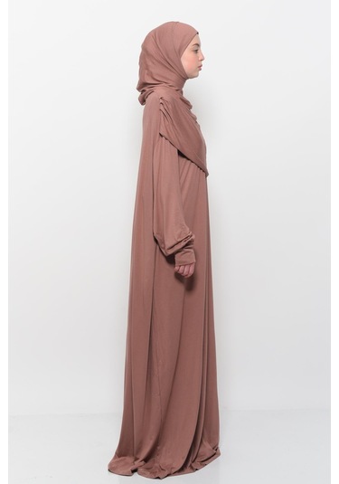 Pratik Tek Parça Pamuklu Yarasa Kollu Tak Çıkar Başörtülü Tesettür Namaz Elbisesi Toprak Çok Renkli