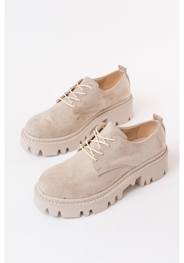 868-754 Bej Süet Bağcıklı Günlük Yüksek Tabanlı Loafer Ayakkabı Bej