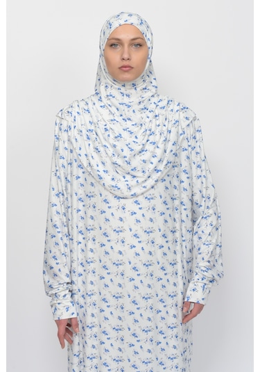 Pratik Tek Parça Çiçek Desenli Kollu Tak Çıkar Başörtülü Likralı Tesettür Namaz Elbisesi 990-0201 Mavi Antrasit