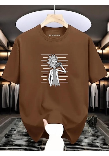 Adam Baskılı Oversize Siyah T-shirt Kahverengi