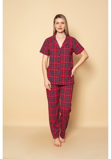 Kadın Gömlek Desenli Kısa Kol Pijama Akımı Kırmızı