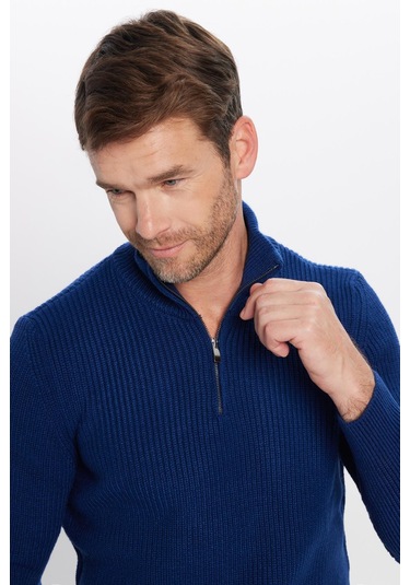 Erkek 3'lü Paket İndigo-vizon-lacivert Slim Fit Dar Kesim Fermuarlı Dik Yaka Triko Kazak-41809 Çok Renkli