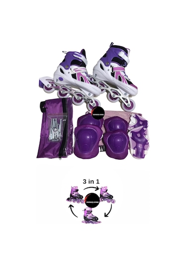 Işıklı Çocuk Pateni Silikon Ayarlanabilir Teker Metal Gövde Numaralı Ve Koruma Seti Mor