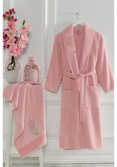 Şalyaka Kadın Erkek Pamuklu Havlulu Banyo Bornoz Takımı Pembe