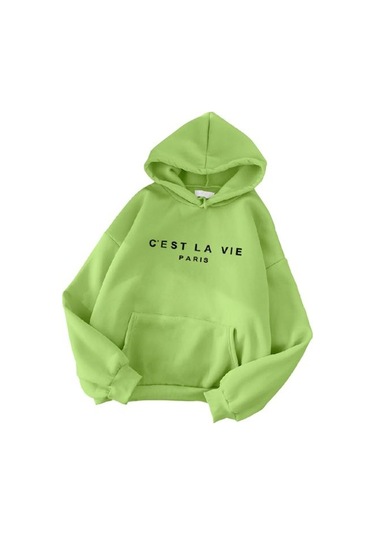 Yeşil Uzun Kollu Ön Cep İpli Polar Astar Svetşört Sonbahar Kış Mektup Baskılı Gevşek Kadın Kazak Streetwear Yeşil