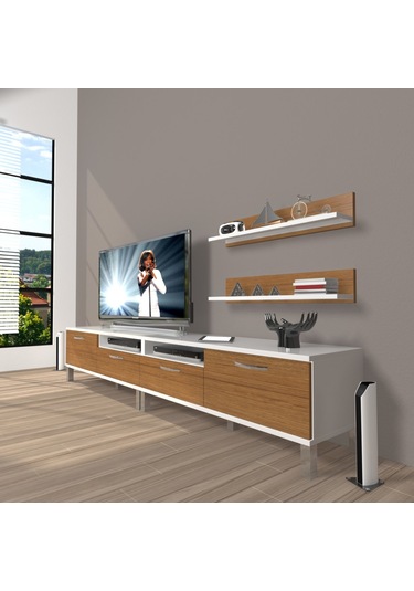 Decoraktiv Eko 200r Slm Krom Ayaklı Tv Ünitesi Tv Sehpası Beyaz - Ceviz