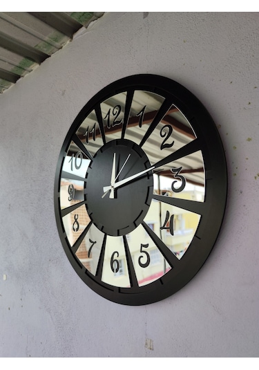 Siyah Renk Gümüş Sayılı Hediyelik Ahşap Dekoratif Farklı Desenli Ev Hediyelik Duvar Saati 50cm