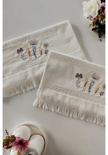 2'li Nakışlı Jakarlı Kadife El Yüz Havlusu Çiçek İşlemeli- %100 Pamuk - Krem Krem Krem