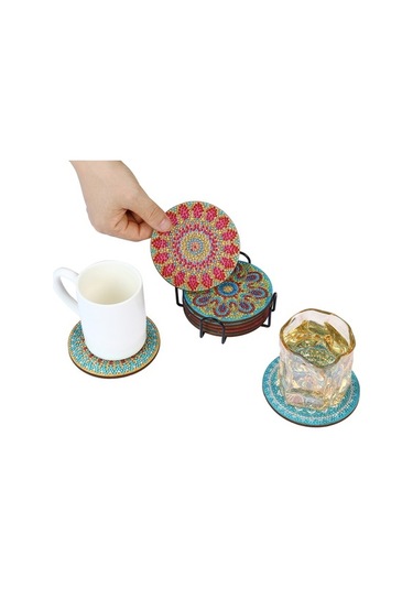 Fortunelane Ahşap Reçine Pırlanta Tablo Bardağı Altlığı, Noel Hediyesi, 10x10cm 8'li Renkli Aa1060 Dekorasyonu Çok Renkli