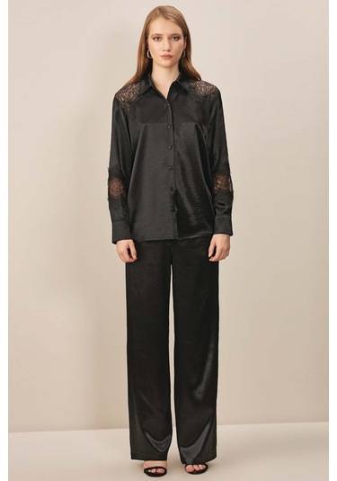 Gömlek Yaka Siyah Saten Gömlek Siyah