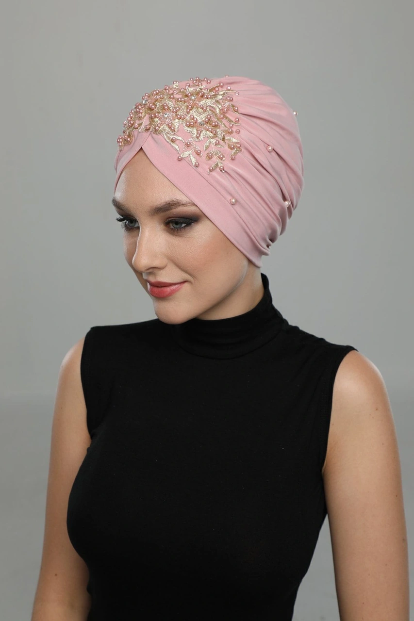 Kopma Astarlı Işlemeli Pudra Sırma Motifli Hazır Türban Tesettür Abiye Bone Pudra Sırma