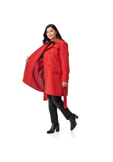 Büyük Beden Kruvaze Kolu Bant Detaylı Cepli Kuşaklı Astarlı Kırmızı Trençkot Kırmızı