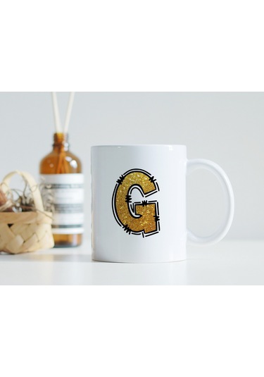 G Harfi Gold Simli Kupa Işıltılı Alfabe Harf Tasarımlı Kahve Kupası - Kişiye Özel Hediye Beyaz