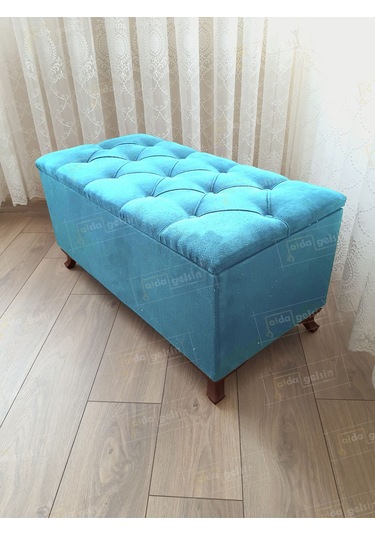 Lüks Sandıklı Kapitoneli Ayakucu Puf Bench 110 Cm Ceviz Ayak Turkuaz