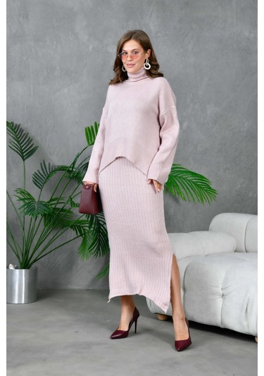 Kadın Balıkçı Yaka Oversize Kazak Uzun Etek İkili Triko Takım Pudra