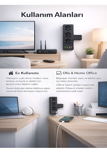Ftro12 Kablosuz Termal Akım Korumalı 3'lü Priz 3'usb 1'type-c 20w