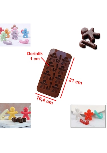 12 Göz Gingerbread Man ve Baston Şeker Silikon Çikolata Kalıbı